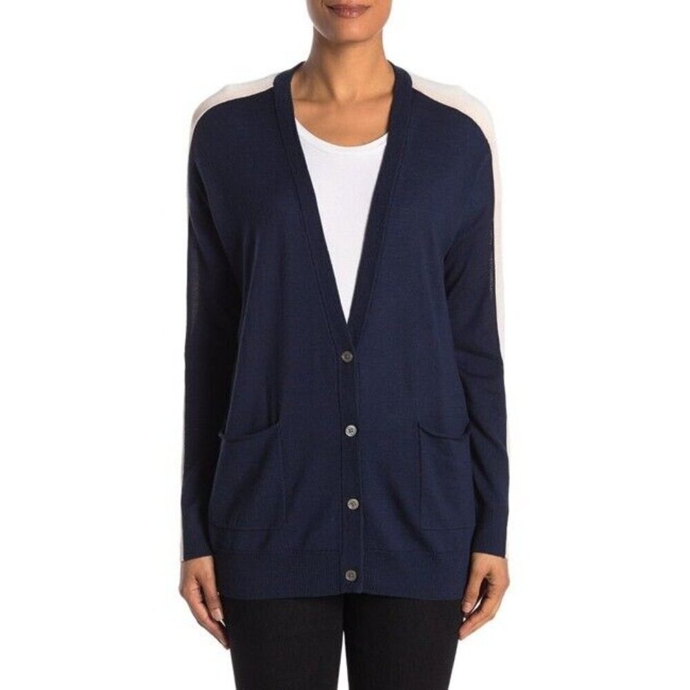 ATM Navy Cardigan Schoolboy Wool Cardigan V Neck Stripe Sleeve SZ L NWT $395 - Picture 3 of 3